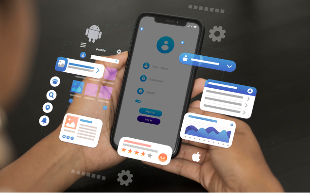 Floating iPhone with purple gradient screen — mobile app development Dubai