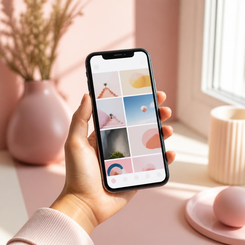 Hand holding a smartphone showing a pastel social media feed — social media marketing agency Dubai